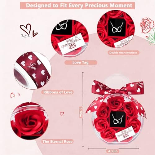 Anniversary Cute Women Artificial Soap Rose Flowers with Double Heart Necklace Present Gifts for Girlfriend Valentines Day Birthday Gift B0GW7XRWSC