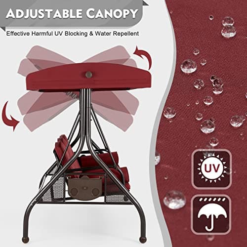 HOMREST 3 Seat Outdoor Porch Swing with Adjustable Canopy, Convertible Patio Swing Bed with Stand, Patio Glider Swing with Upgraded Cup Holder, Thicken Cushions & Pillow for Backyard(Wine Red)