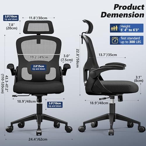 Ergonomic Office Chair, High Back Desk Chair with Flip-up Arms, 300 LBS Mesh Computer Chair with Adjustable Headrest & Lumbar Support, Comfy Gaming Chair for Adults, Home Office Desk Chairs (Black)