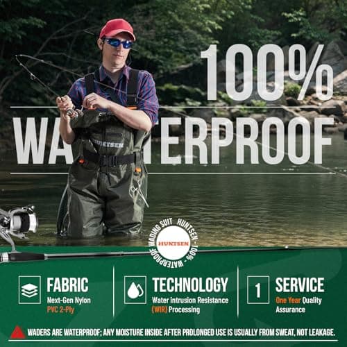 HUNTSEN Fishing Waders for Men Women - 2-Ply Nylon/PVC Waterproof Hunting Chest Waders with Boot Hanger&Phone Case, Size10-12