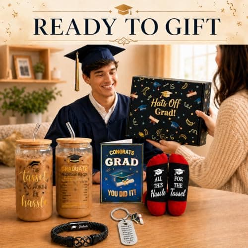HAPPYPOP Graduation Gifts 2026 – 5-Piece Gift Box with Glass Cup, Bracelet, Keychain, Socks & Congrats Card for Men Him B0GMJJNMZ3