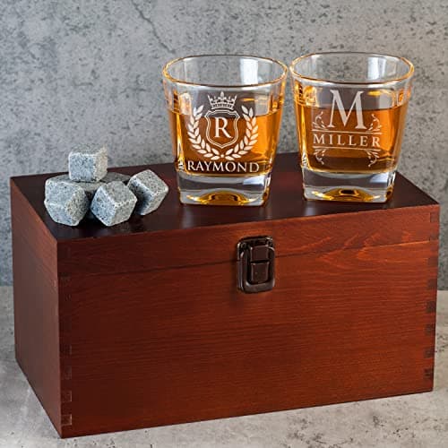 Amazing Items Set of 4 - Personalized Whiskey Glasses w/Name & Initial - 9 Designs - 9 oz, Limited Edition Monogrammed Rocks Glasses for Men, Dad Gifts
