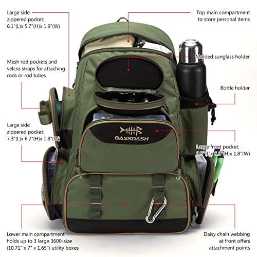 BASSDASH Fishing Tackle Backpack Water Resistant Tactical Bag Soft Tackle Box with Rod Holder and Protective Rain Cover