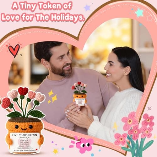 MAMAGIFTREE 5th Anniversary Wedding Gift for Couple - Handmade Crochet Heart Flower Plush with Romantic Message - Five Years Down Forever to Go Keepsake for Wife, Husband, Boyfriend, Girlfriend