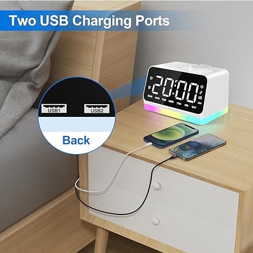 JALL Digital Alarm Clock with FM Radio for Bedroom, 8 Colors Night Light with Charging Port, Sleep Sound Machines with Timer, Dual Alarm (White with White Font)