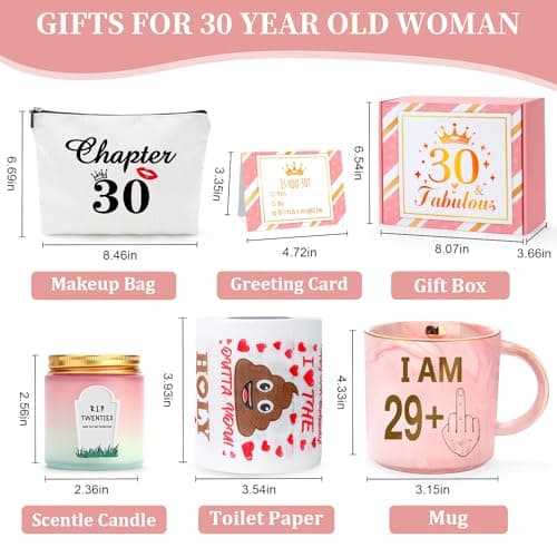 30th Birthday Gifts for Women 30 Year Old Birthday Gifts for Women Dirty Thirty Decoration for Her Gift Ideas for Woman 30s Funny Gift for 30 Year Old Woman - Coffee Mug Makeup Bag Candle Toilet Paper