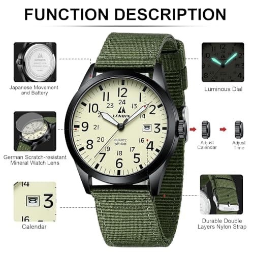 LN LENQIN Mens Watches Unisex Military Sport Nylon Strap Stylish Luminous Fashion Analog Quartz Watch for Men Waterproof Army Tactical Casual Wristwatch