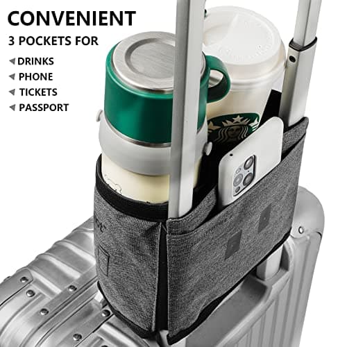 Hold Two Drinks No Spill, Fits Roll on Suitcase Handles, Gifts for Travelers, Travel Luggage Accessories, Hook & Loop riemot Luggage Travel Cup Holder Free Hand Suitcase Drink Carrier Grey B07TXCCQGP