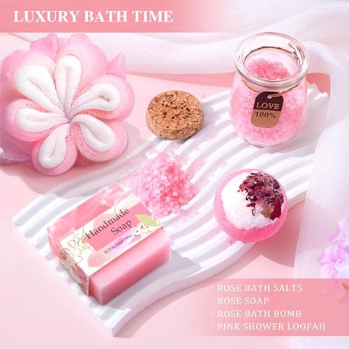 Birthday Gifts for Women, Happy Birthday Gifts Basket for Women Self Care Gift Get Well Soon Gifts, Rose Relaxing Spa Gift Basket with Beach Towel, Woman Birthday Gift for Sister Coworker Her Bestie