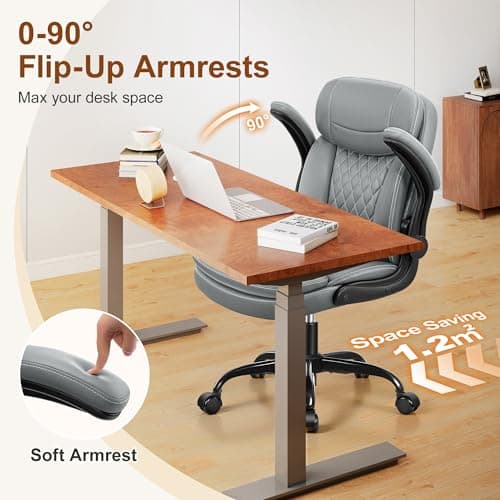Leather Office Chair, Upgraded PU Computer Desk Chairs with Double-Layer Seat Cushion and Neckrest, 360°Swivel, Ergonomic Small Gaming Chair with Wheels and Adjustable Armrests for Short People, Grey