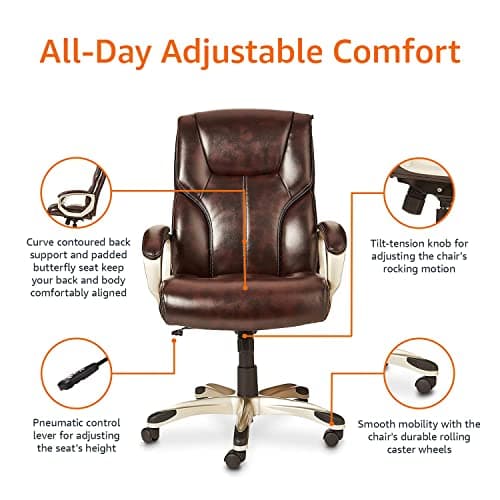 Amazon Basics Executive High Back Office Chair, Adjustable Height, Tilt, Swivel, Padded Armrests, Brown/Gold