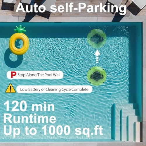 2026 Cordless Robotic Pool Cleaner - 120 Mins Automatic Pool Vacuum for Above Ground Pool & In - Ground Flat Pools up to 1000 Sq.Ft, Robot Pool Cleaner with Self - Parking Tech