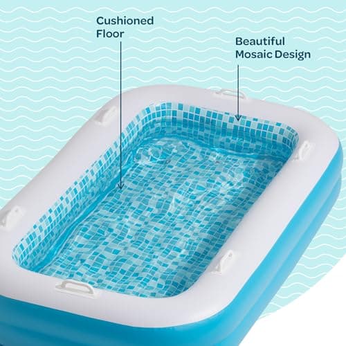 2-in-1 Inflatable Kiddie Pool, 65"x39"x10" (5'5") Soft Cushioned Floor, Handles, Drain, Shallow Rectangular Blowup Swimming Pool for Kids Age 2+ Toddler Ball Pit, Small Adult Backyard Tanning Pool