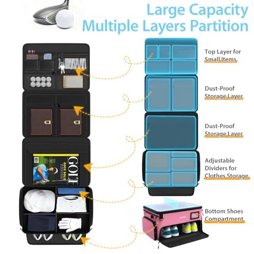 4-Layer Golf Trunk Organizer, Golfer Gifts for Women with Separate Ventilated Compartment for 2 Pairs Shoes, Waterproof Car Golf Locker Storage Bag for Golf Gear and Accessories,Pink