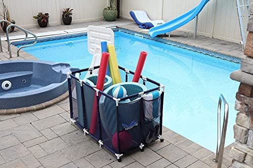 Modern Blue Pool Storage Bin - XX-Large | Nylon Mesh Basket Organizer For Your Goggles, Beach Balls, Floats, Swim Toys & Accessories | Air Dry Items Quickly & Easily Roll To Your Home Garage or Shed