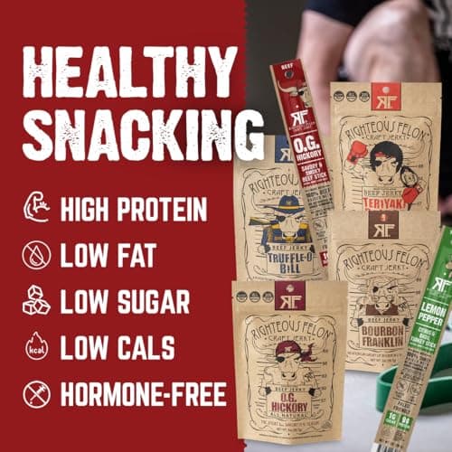 Righteous Felon Savory Beef Jerky Variety Gift Pack - Great Gifts for Men | Gluten Free, High Protein Healthy Snack | Bulk Beef, Pork, & Turkey Jerky Variety Snack Packs | The Savory 6 Pack Sampler