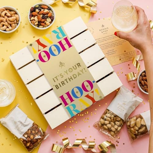 Happy Birthday Food Gift Basket, Healthy Nut Gift Tray, Birthday Snack Treat in Reusable Wooden Crate, Gourmet Assorted Food Delivery, Birthday Snack Box, For Men, Women and Families, Bonnie & Pop