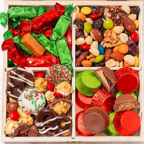 Christmas Gift Basket, Holiday Gourmet Treats- Variety Snack Crate- Candy Tray Food Assortment Idea- For Women, Men, Family 4 Section- Bonnie and Pop