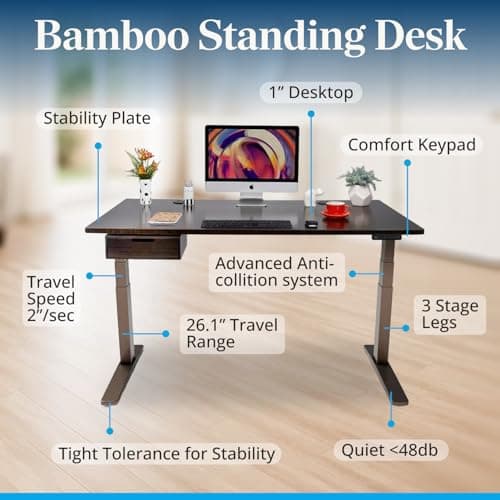 UPLIFT DESK Bamboo (48 x 30 inch) Standing Desk 2-Leg V3 Adjustable Stand Up C-Frame (Black), Advanced Keypad, Wire Grommets, Wire Tray, Rocker Board