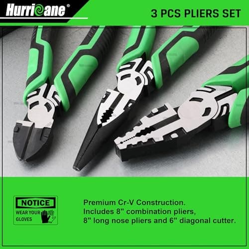 HURRICANE 3-Piece Pliers Set - Heavy-Duty with 8-Inch Linesman, Needle Nose Pliers and 6-Inch Diagonal Cutters for Basic Repair