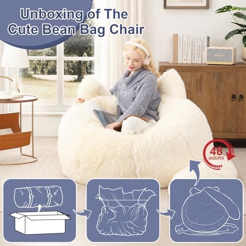 Achicsofar Bean Bag Chair for Adults Teens Giant Faux Fur Bean Bag Chairs with Filler Fluffy Plush Cat Shaped Beanbag Couch Comfy Accent Floor Sofa for Gaming, Reading in Living Room, Bedroom, Dorm