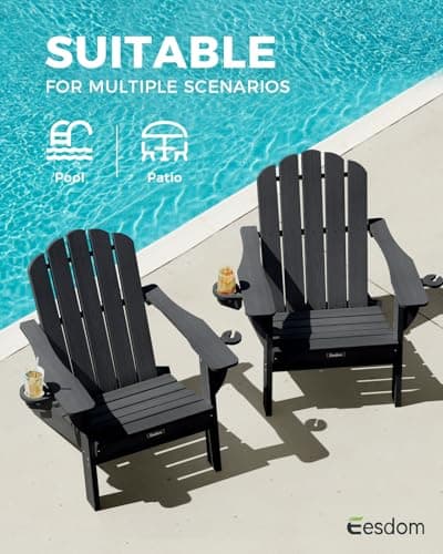 Folding Adirondack Chair,All-Weather HDPE Fire Pit Chair with 2 Cup Holders, Plastic Outdoor Chair for Patio Deck Garden Lawn, Black
