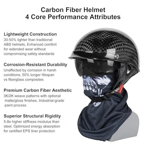 Carbon Fiber Motorcycle Half Helmet for Adults Men & Women – DOT Approved Open Face Retro Helmets with Visor, Vintage Design for Scooter, Moped, Cruiser