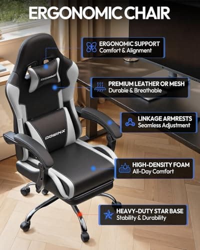 Dowinx Ergonomic Gaming Chair with Footrest & Massage Lumbar, 2D-Linkage Armrests for Computer Chair 330lbs with Headrest Pillow for Office, Home, Streaming and Long Gaming Sessions, White