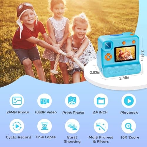 Kids Camera Instant Print, Christmas Birthday Gifts for Girl Boys 3-12 Years Old, FHD Selfie Digital Video Cameras Toddler 3 Rolls Print Paper & 32G Card (Blue) B0CSYC751H
