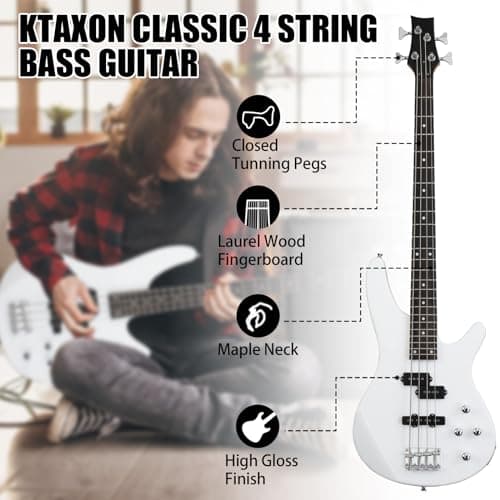 Ktaxon 4 String Electric Bass Guitar, Full Size Standard Right Handed Rosewood Fingerboard Beginner Kit with Cable Wrench Tool (White)