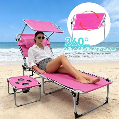 Outdoor Tanning Chair with Sun Canopy Shade & Face Hole, Folding Lounge Chair with Beach Table and Carry Bag for Poolside Sunbathing Lawn