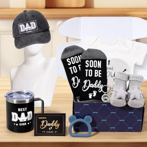 New Dad Gifts Box, 9 Pcs First Time Dad Gifts, Dad to Be Gifts for 1st Time with Tumbler Hat Onesie Socks Keychain for Baby Shower,Unique Kit for Soon to Be or Expecting Father