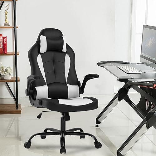 PayLessHere Gaming Chair Desk Chair Gamer Chair Ergonomic Office Chair With Lumbar Support Padded Up Arms Adjustable Headrest Pu Leather High Back Office Chair Gamer Chair For Adults Women Men (White)