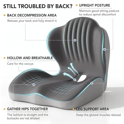 Ergonomic Office Chair Seat Cushion, L-Shaped Memory Foam Coccyx Cushion for Tailbone Pain Relief, Orthopedic Car Seat Cushion with Lumbar Support & Cutout Hollow for Sciatica & Back Pain (Grey