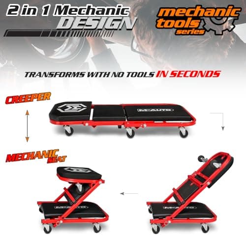 M-AUTO Foldable Z Creeper 2-in-1 Rolling Folding Car Creeper & Seat, 36" Adjustable Roller Garage Chair Lay Down or Sit, 330LBS Capacity Under Car Roller Creeper with 6 Swivel Casters, Red B0BPSQMJ9V