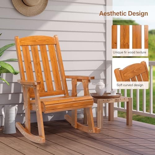 VINGLI Wooden Rocking Chair, Patio Rocker with Higher Backrest, Heavy Duty 600 LBS Outdoor Rocking Chair for Garden, Yard, Balcony, Teak