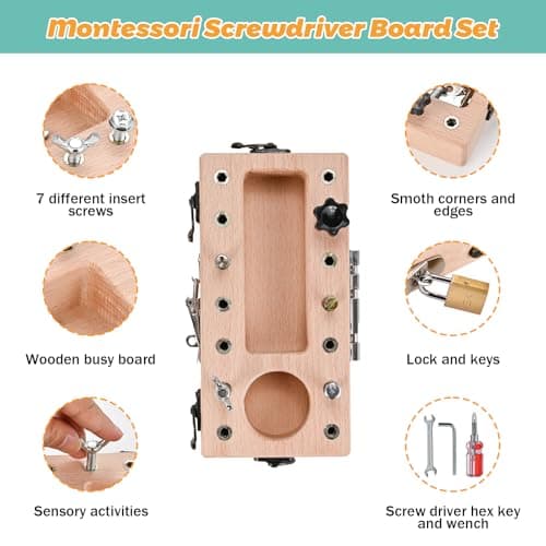 Montessori Screwdriver Board Set with Lock and Key, Montessori Toys for 3 4 5 Year Old, Wooden Screw Driver Activities Tools, Fine Motor Skills Preschool Learning Sensory Toy B0G4VS2511