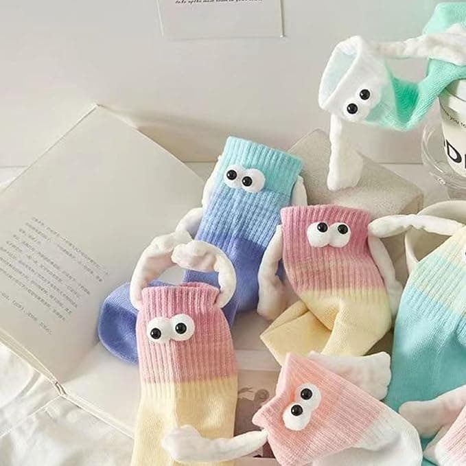 HOZMSA 3 Pair Hand Holding Socks, Funny 3D Doll Magnetic Sock Holding Hand Socks, Cute Mid-Tube Magnetic Gifts for Friend Couple B