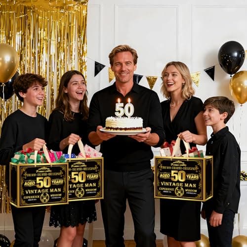 Vintage 50th Birthday Gift Bag for Men with 50th Wrapping Paper and Card Black Gold 1976 Birthday Gift Wrap Treat Bags for Vintage Men Aged 50 Years Old Bday Anniversary Party Supplies Decorations