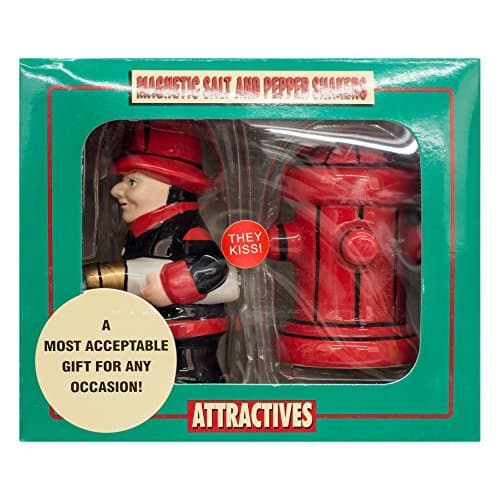 Fireman with Hose and Hydrant 4 Inch Ceramic Magnetic Salt and Pepper Shaker Set Novelty Gift