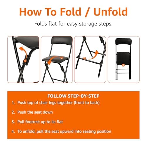 Amazon Basics Folding Bar Stool with Footrest, Portable, Sturdy, Space-Saving Storage, 300lb Capacity, 24" Height, Black, Set of 2