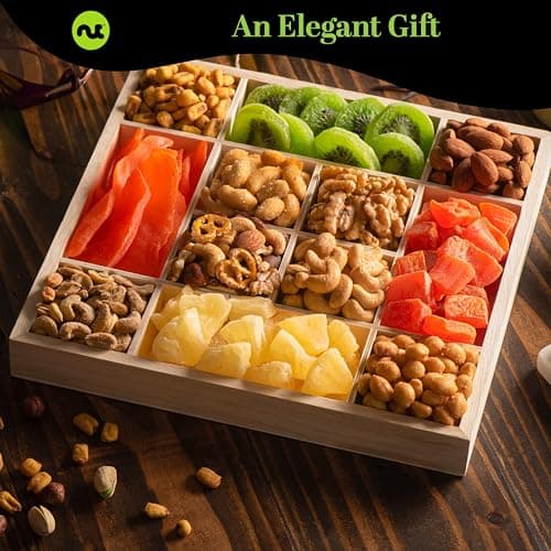 NUT CRAVINGS - Holiday Christmas Dried Fruit & Mixed Nuts Gift Basket in Reusable Wooden Tray + Ribbon (12 Assortments) Xmas Treats for Adults, Food Arrangement, Healthy Snack Care Package, Kosher