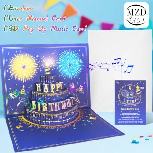 UPGRADED 3D Pop Up Firework Birthday Cards, Musical LED Lights Birthday Cards with Blowable Birthday Cake, Greeting Cards, Birthday Gifts for Mom Women Men Kids Child Dad Father Wife