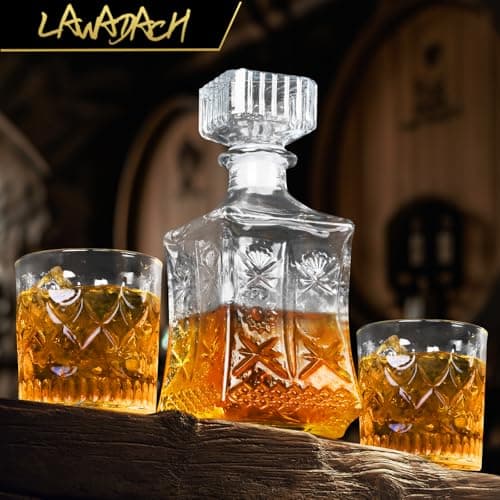 Whiskey Decanter for Men, Glass Liquor Decanter Set with 2 Whiskey Glasses, Decanter for Tequila,Bourbon, Scotch, Brandy and Vodka, Gift for Men, Ideal Home Bar Decor - 28oz