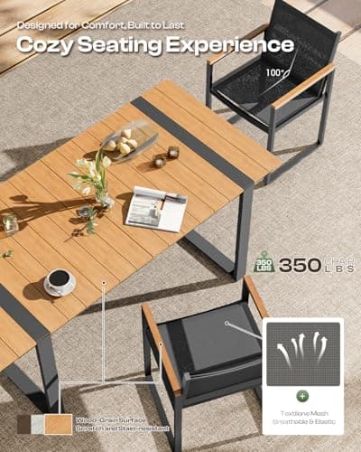 Outdoor Dining Set, HDPS + Aluminum Patio Table and Chairs Set with U-Shaped Base, 7 Piece Outdoor Furniture Set with Umbrella Hole, Patio Dining Table Set for Garden, Backyard (Gray-Teak)