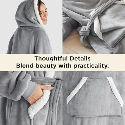 Bedsure Wearable Blanket Hoodie, Long Hooded Blanket Sweatshirt as Birthday Gifts for Women, Cozy Sherpa Hoodie for Adult, Standard, Grey