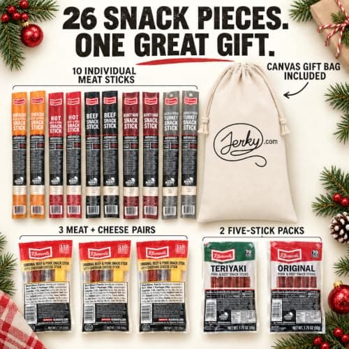 Jerky.com Gift Bag for Men | 26 Piece Meat Sticks Gift Basket with Beef Sticks, Pork, Turkey, Ham & Cheese Sticks | High Protein Snack Variety Pack | Gluten-Free Jerky Gifts for Men | Birthday Gift Basket for Him