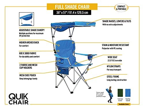 Quik Shade Full Size Shade Folding Chair for Camping, Polyester, Arm Rest|Foldable, Royal Blue, 2'L x 3'W x 4.3'H (160048DS)
