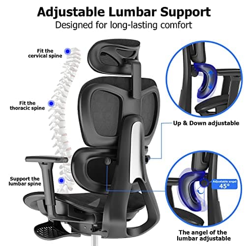 PatioMage Ergonomic Office Chair with Footrest, Big and Tall Desk Chair with Adjustable Lumbar Support, Seat Depth & 3D Armrests, High Back Mesh Computer Chair for Home Office, Black