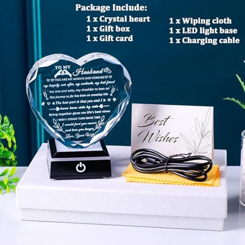 YWHL Gifts for Husband from Wife with Colorful LED Base Anniversary Birthday Gifts for Husband to My Husband Crystal Heart keepsake I Love You Gifts for Him on Valentine Christmas Fathers Day B0D86M2CG9